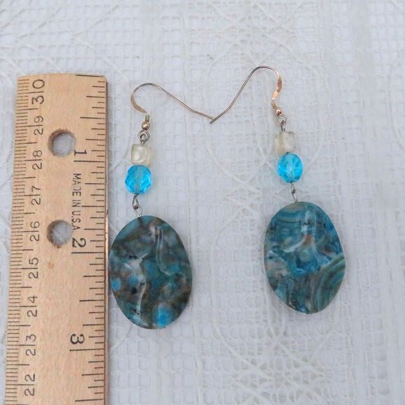 Handmade Blue Crazy Agate Dangle Earrings, Turquoise Blue Boho Drop Earrings - Picture 2 of 6